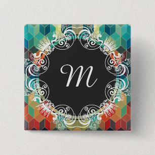 Monogrammed Colourful Cubes Geometric Pattern 2 Inch Square Button