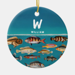 Monogrammed Colourful Fish Under Blue Ocean Ceramic Ornament