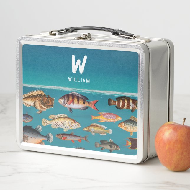 Monogrammed Colourful Fish Under Blue Ocean Metal Lunch Box (In Situ)