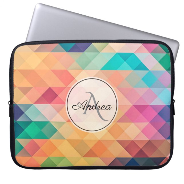 Monogrammed Colourful Geometric Pattern Laptop Sleeve (Front)