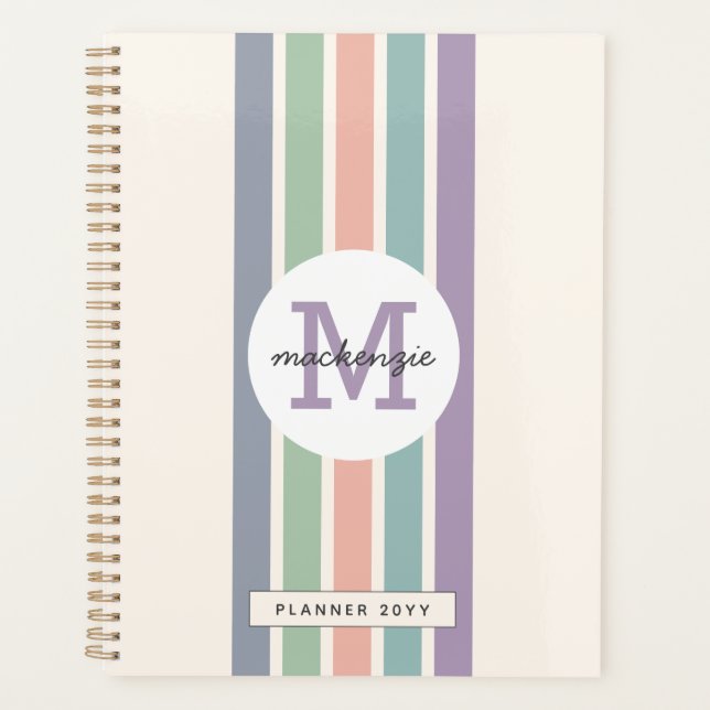 Monogrammed Colourful Pastel Stripes Personalized Planner (Front)