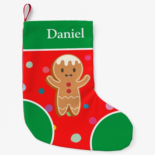 Monogrammed colourful red pattern Gingerbread cute Small Christmas Stocking (Front)