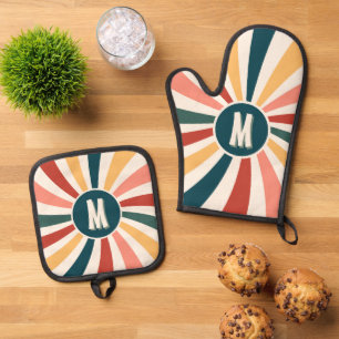Monogrammed Colourful Retro Pattern Cooking Oven Mitt & Pot Holder Set