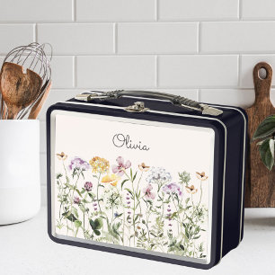 Monogrammed Colourful Wildflower Garden Metal Lunch Box