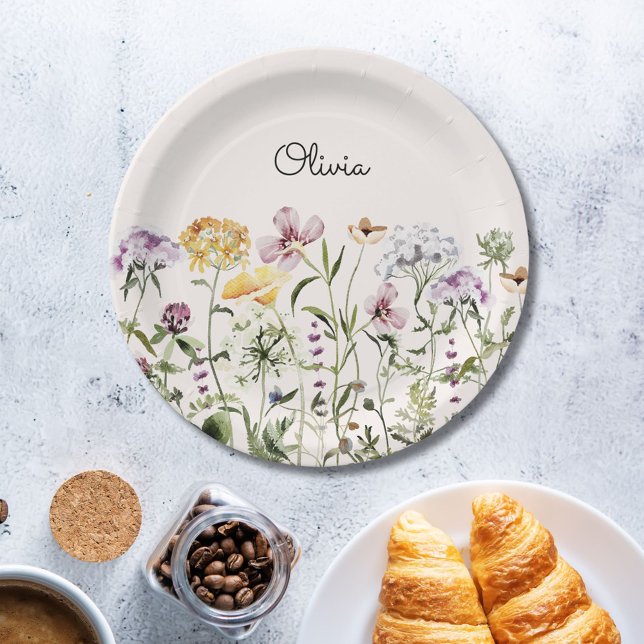 Monogrammed Colourful Wildflower Garden Paper Plate (In situ)