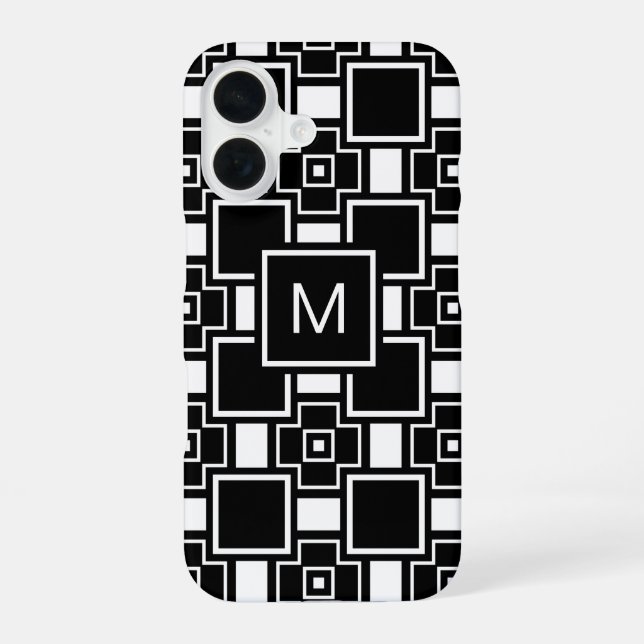 Monogrammed contemporary black and white pattern iPhone 16 case (Back)