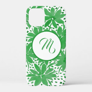Monogrammed Contemporary Green Floral iPhone 12 Mini Case