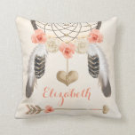Monogrammed Coral and Gold Boho Dreamcatcher Throw Pillow<br><div class="desc">A gorgeous blush, peachy pink and cream floral monogram dreamcatcher pillow with roses, carnations and feathers hanging from an native American style dream catcher with burnished gold heart shaped beads. It can monogrammed with your initial on the heart shaped charm hanging from a chain. A parchment look background and faux...</div>