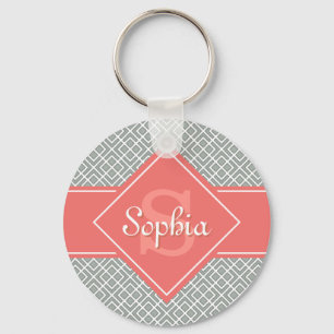 Monogrammed Coral and Grey Diamond Pattern Keychain