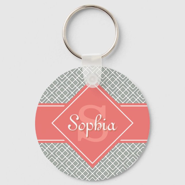 Monogrammed Coral and Grey Diamond Pattern Keychain (Front)