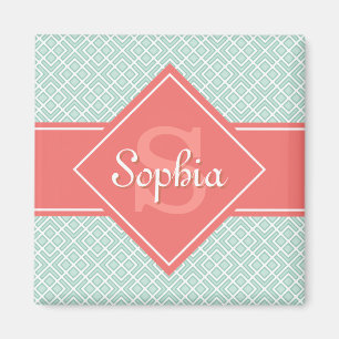 Monogrammed Coral and Mint Diamond Pattern Magnet