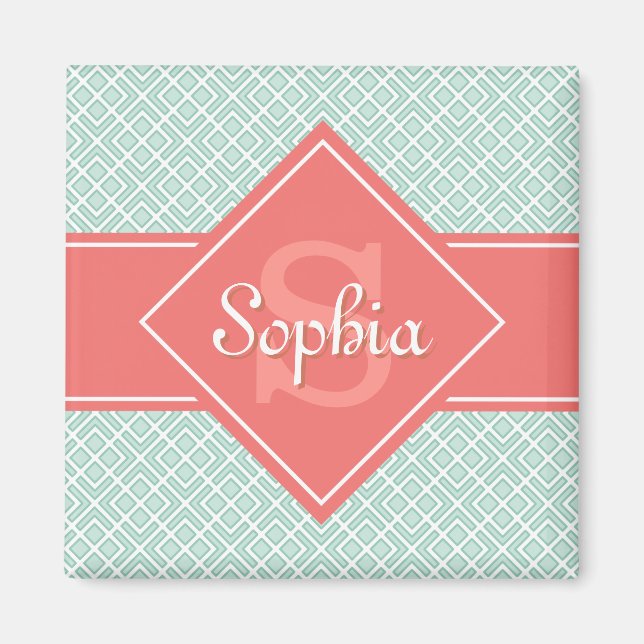 Monogrammed Coral and Mint Diamond Pattern Magnet (Front)