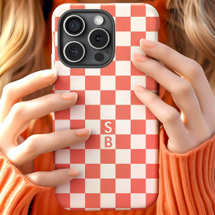Monogrammed Coral And White Chequerboard Pattern iPhone 15 Case