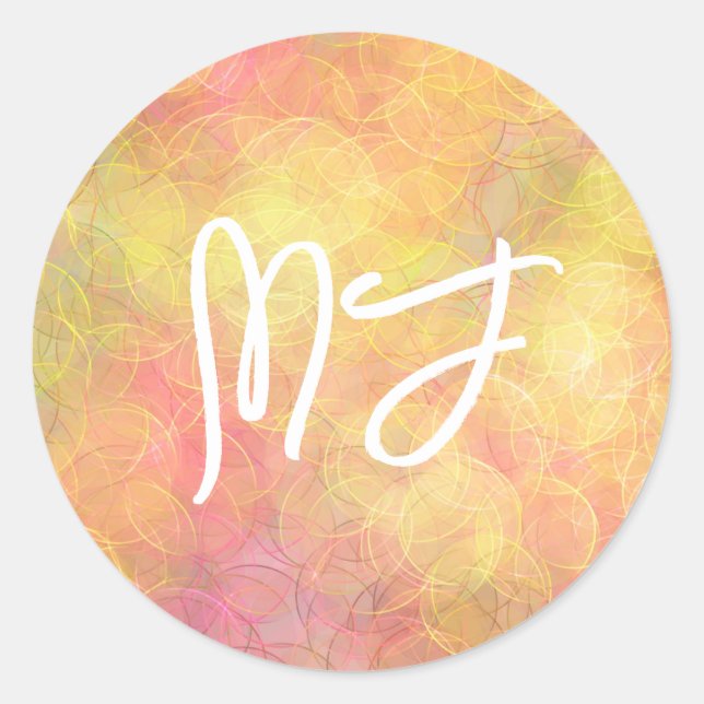 Monogrammed Coral and Yellow Classic Round Sticker (Front)