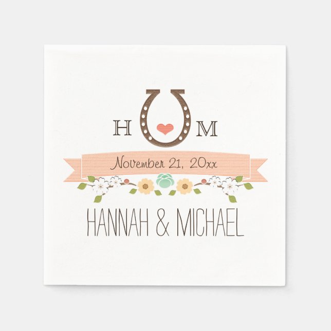 Monogrammed Coral Horseshoe Heart Wedding Napkin (Front)