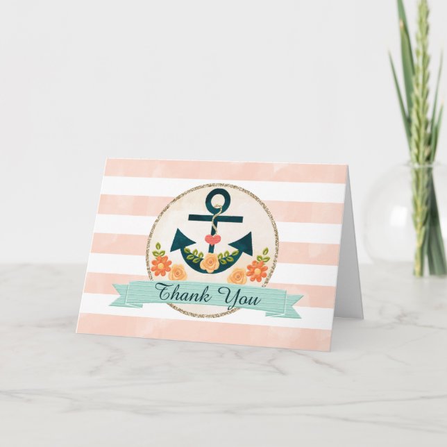 Monogrammed Coral Navy Nautical Wedding Thank You (Front)