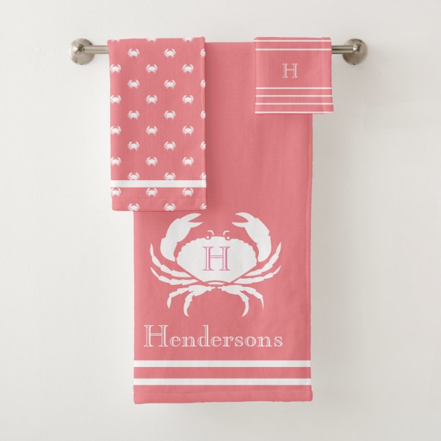 Monogrammed Coral peach pink White Crab Nautical  Bath Towel Set (Insitu)