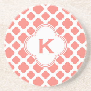 Monogrammed Coral Pink Quatrefoil Pattern Coaster