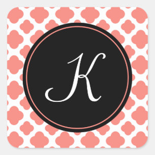 Monogrammed Coral Pink Quatrefoil Pattern Square Sticker