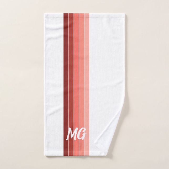 Monogrammed Coral Red Pink White Stripes Hand Towel (Hand Towel)