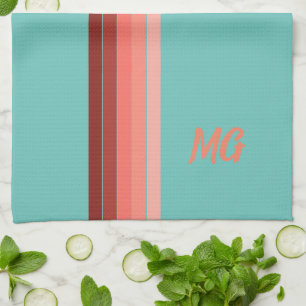 Monogrammed Coral Red Pink White Stripes Kitchen Towel