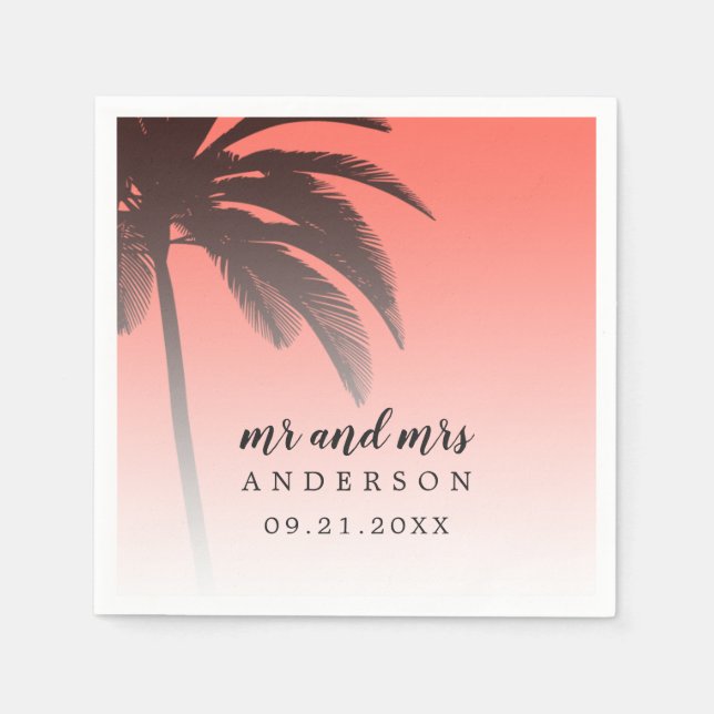 Monogrammed Coral Tropical Palm Tree Beach Wedding Napkin (Front)