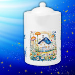 Monogrammed Cottagecore Home with Mushrooms |<br><div class="desc">A cute cottagecore house surrounded by flowers and mushrooms evokes a cozy and idyllic rural setting,  embodying a nostalgic and romanticized aesthetic inspired by traditional countryside living. Monogrammed for you to insert your own text - in blue. Teapot.</div>