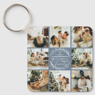Monogrammed Couple Photo Collage Dusty Blue Gift Keychain
