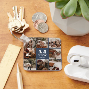 Monogrammed Couple Photo Collage Monogram Navy Keychain