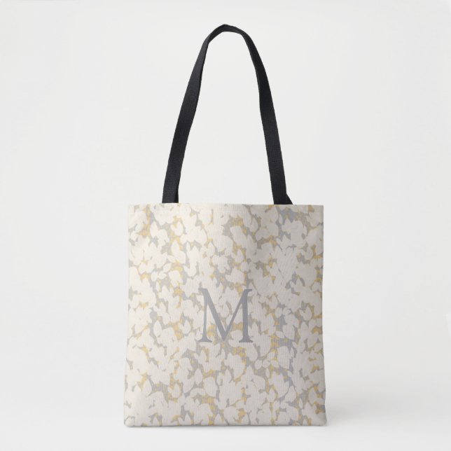 Monogrammed Cream Grey Gold Leafs Abstract Design Tote Bag (Front)