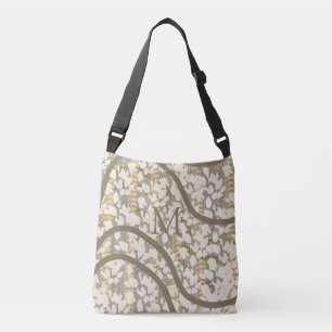 Monogrammed Cream Grey Gold Swirl Lines Abstract Crossbody Bag