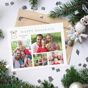 Monogrammed Crest Blue 4 Photo Holiday  Card