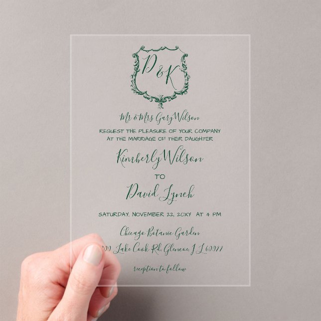 Monogrammed Crest Forest Green Wedding Acrylic Invitations (Insitu (Handheld))