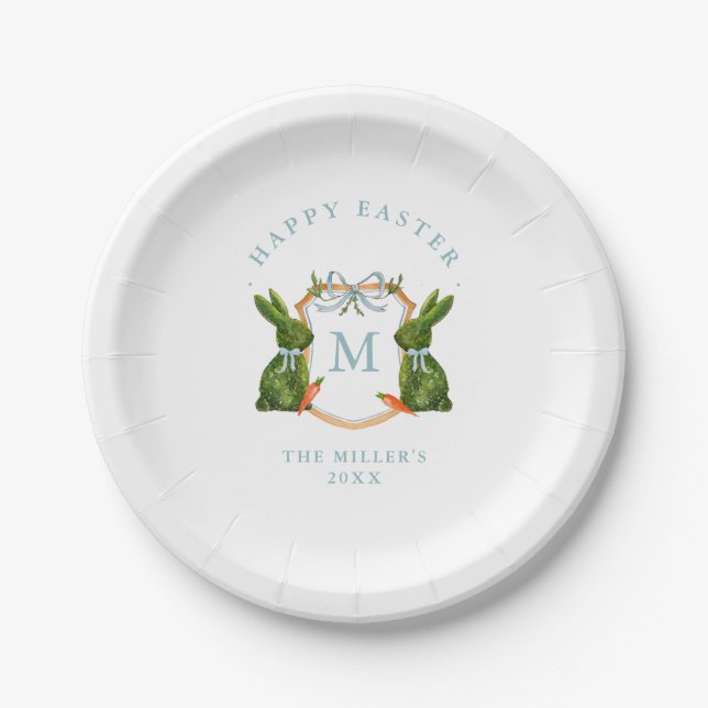 Monogrammed Crest Topiary Bunny Easter  Paper Plate (Front)