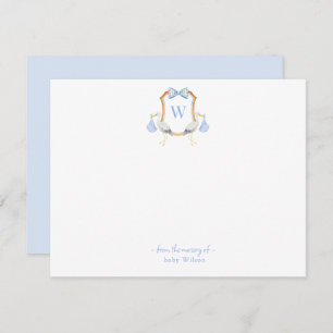 Monogrammed crest with Stork Baby boy Thank You Card