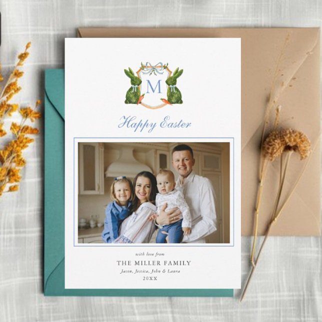 Monogrammed crest with Topiary Bunny Photo Easter  Holiday Card (Creator Uploaded)