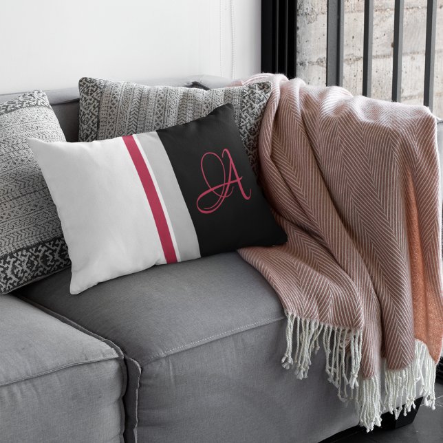 Monogrammed Crimson Grey Black Striped Lumbar Pillow (Creator Uploaded)