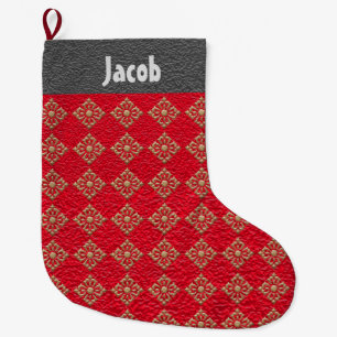 Monogrammed Crinkled Red and Gold Diamonds Large Christmas Stocking