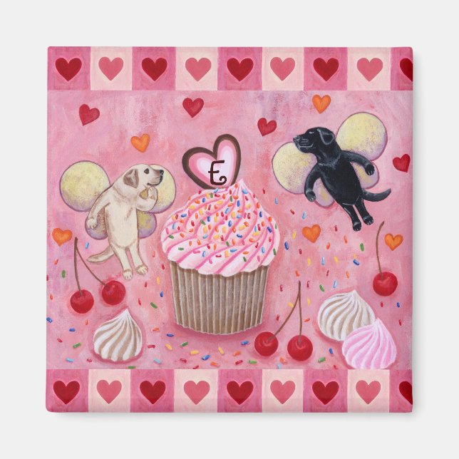 Monogrammed Cupcake and Lab Fairies Hearts Magnet (Front)