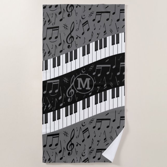 Monogrammed curve piano keys and musical notes beach towel (Front)