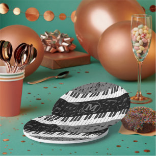 Monogrammed curve piano keys and musical notes paper plate