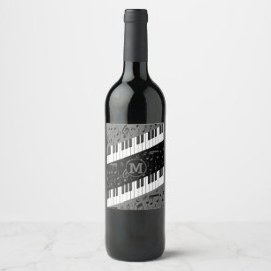 Monogrammed curve piano keys and musical notes wine label