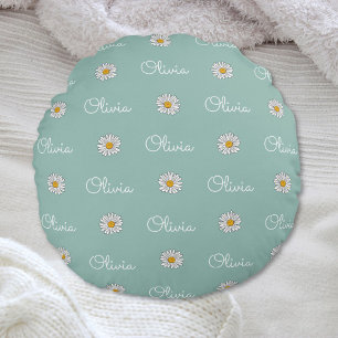 Monogrammed Custom Name White Daisy Floral Pattern Round Pillow