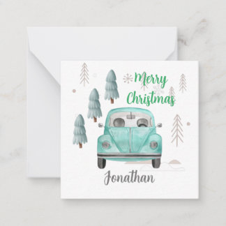 Monogrammed cute Christmas trees and car blue Card