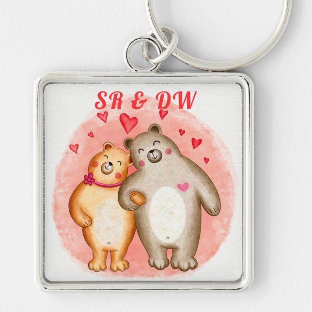 Monogrammed Cute Love Bears Keychain (Front)