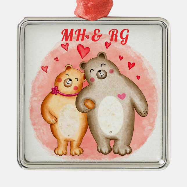 Monogrammed Cute Love Bears  Metal Ornament (Front)