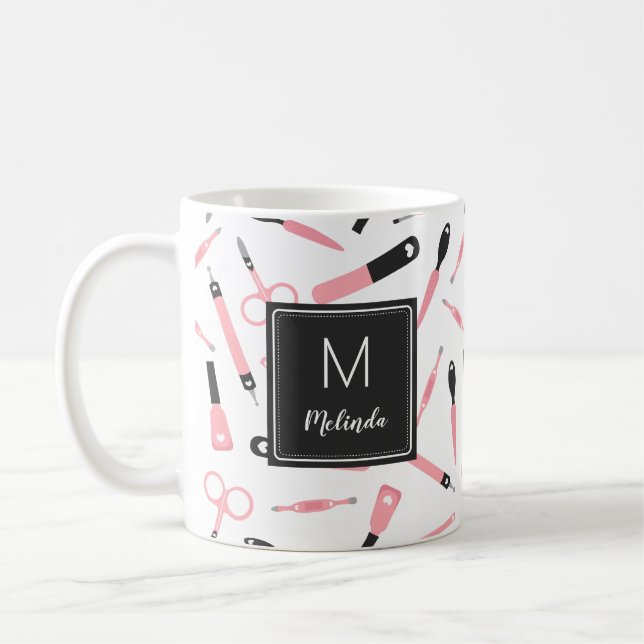 Monogrammed Cute Pink Manicurist Tools Pattern Coffee Mug (Left)
