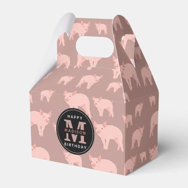 Monogrammed Cute Pink Pig Pattern Birthday Favor Box (Front Side)
