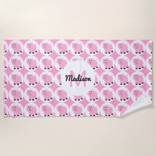 Monogrammed Cute Pink Pig Pattern Girls Animal Beach Towel
