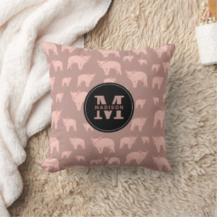 Monogrammed Cute Pink Pig Pattern  Throw Pillow